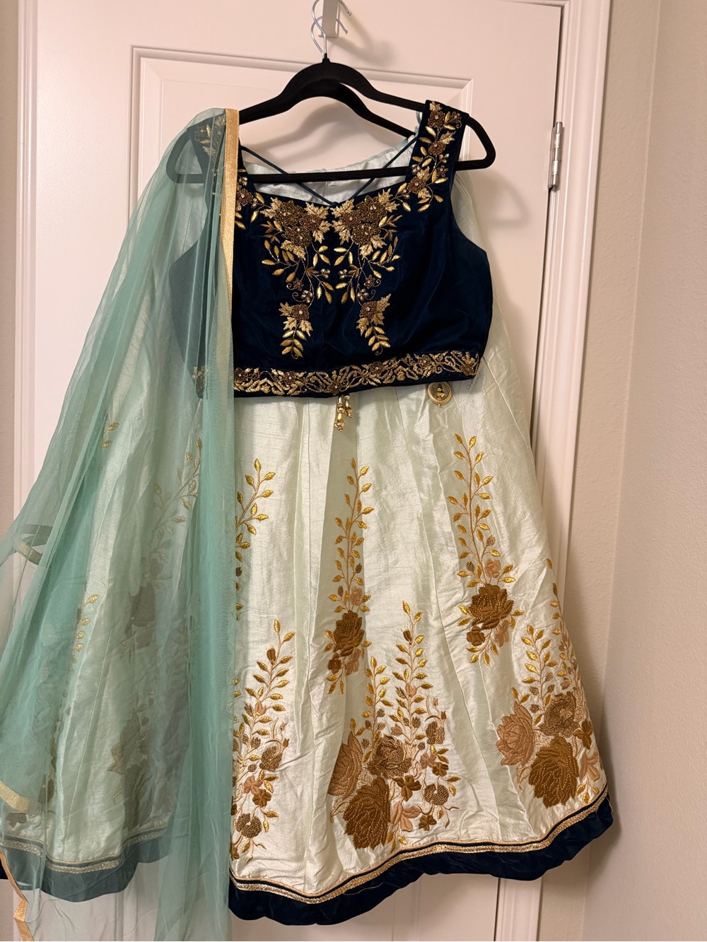 Embroidered Dark Velvet Blue/Green & Mint Lehenga Set with Gold Floral Detail